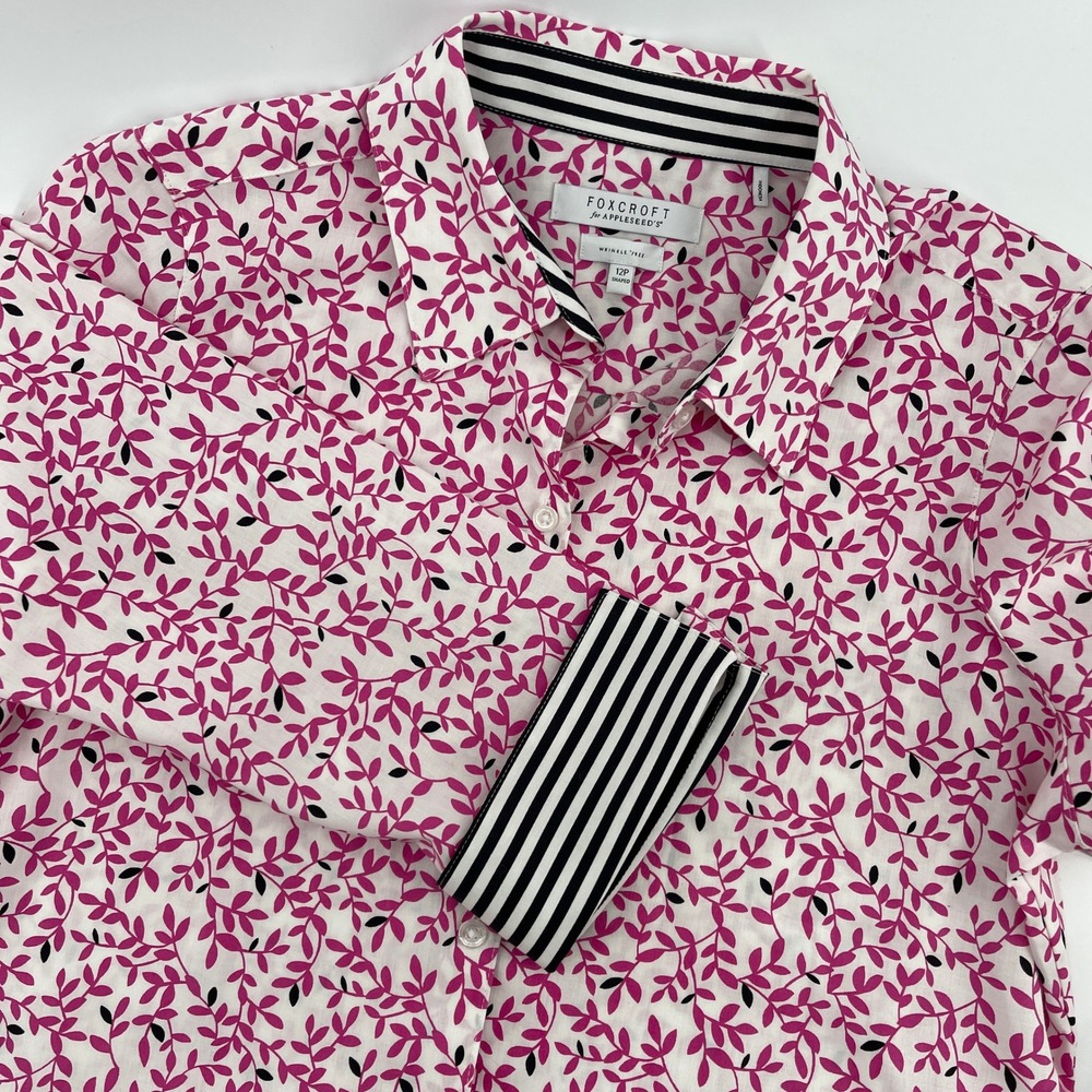 FOXCROFT for APPLESEED'S Women's 12P Shaped Button Front‎ Shirt Pink Leaf Print